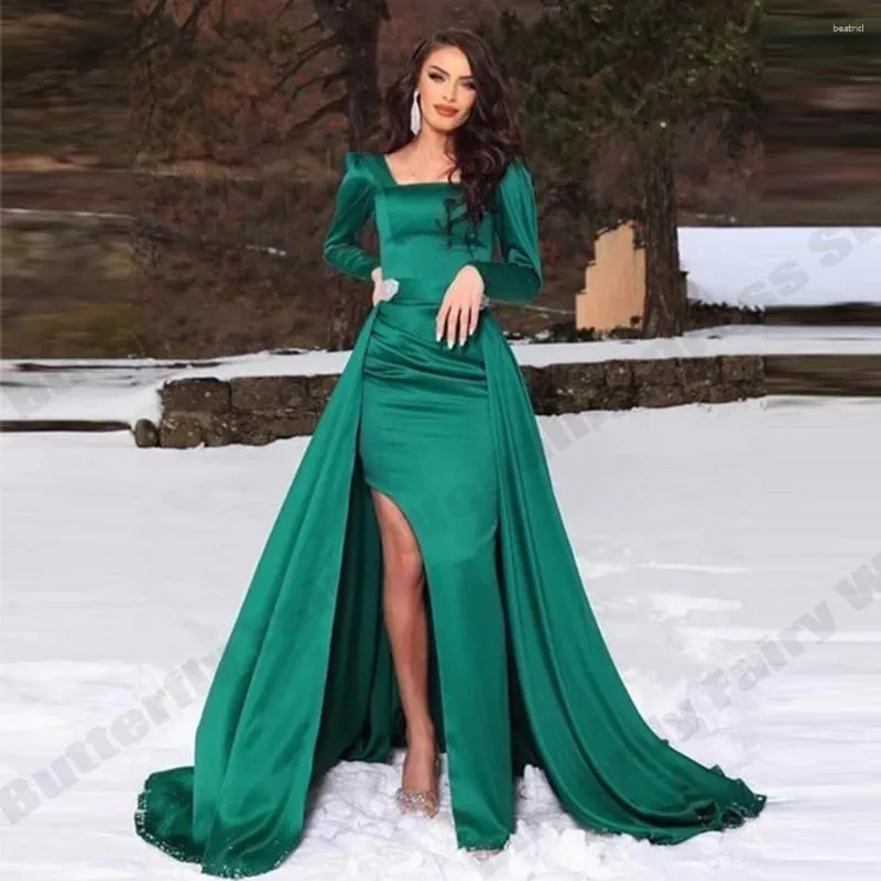 Robe de soirée en satin pour femmes, magnifique, élégante, col carré, manches longues, fente haute, jolie chaîne solide, dos nu, soirée