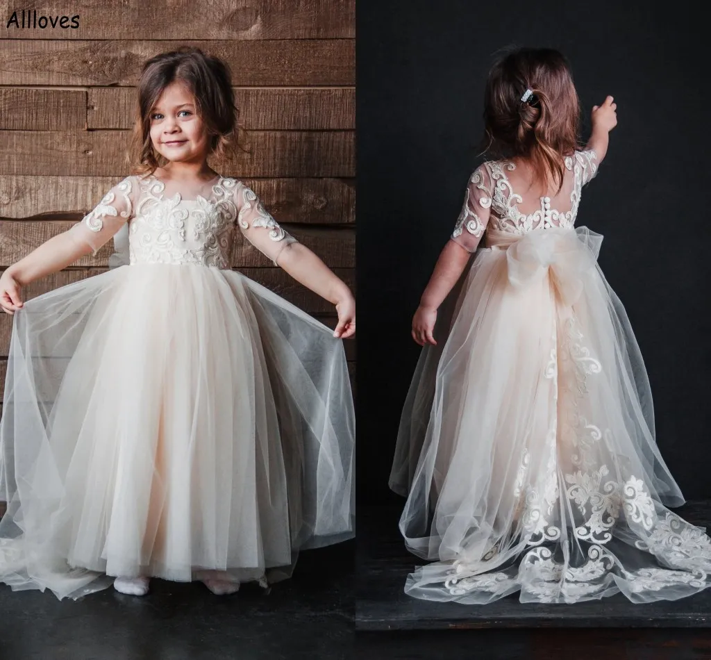 Abiti da ragazza di fiore carini con maniche corte applicazioni di pizzo per bambini prima comunione abiti da cerimonia di compleanno gonna di tulle romantica vestito da ballo per bambine CL2829