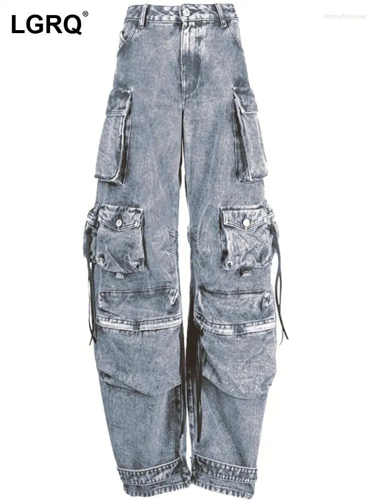 Frauen Jeans Mode Einfarbig Schlanke Hohe Taille Gerade Große Taschen Denim Cargo Hosen Weibliche Sommer 2023 19J1999
