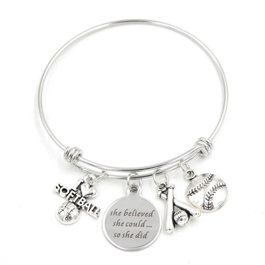 Nieuwe Collectie Mode Roestvrij Staaldraad Bangle Softbal Sieraden Sport Charm Armbanden I love Softbal Armbanden voor Vrouwen Gift314m