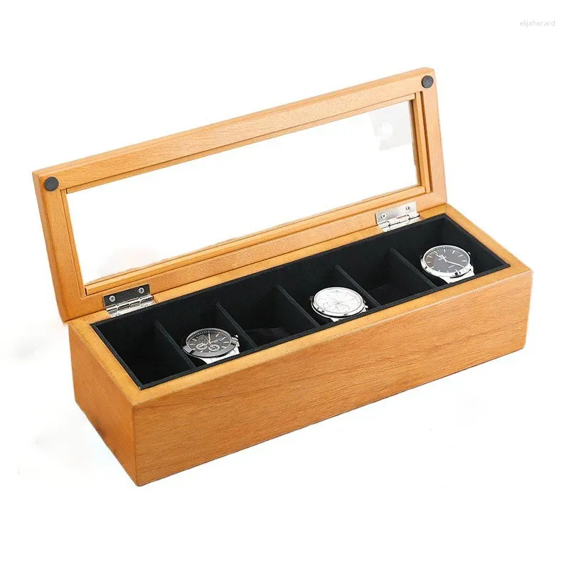 Obejrzyj pudełka drewniane 6 gniazd przezroczyste zegarki do przechowywania świetlik