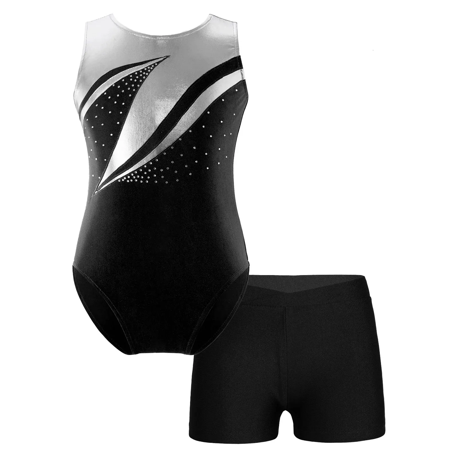 Gymnastic Rings Kids Girls Gymnastics Leotards with Shorts Shiny Patchwork Yoga Skating Workout Unitard Ballet Dance Jumpsuit 231027