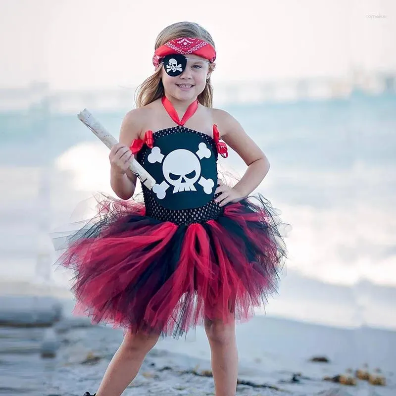 Costume a tema per ragazze con motivo a teschio da pirata per il giorno dei bambini, travestimento in tutù per Halloween