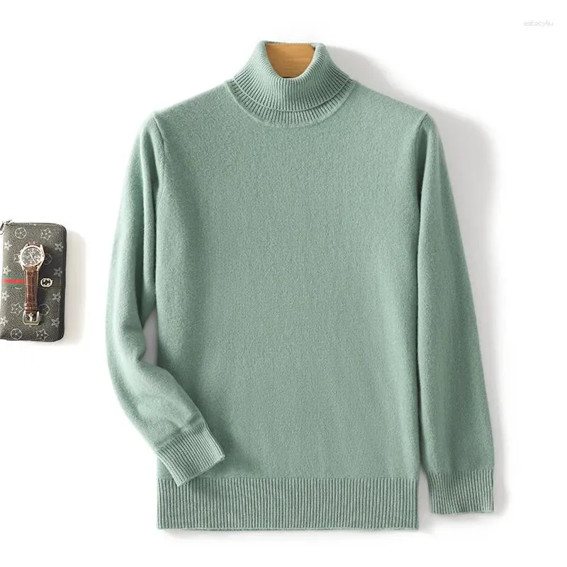 Suéter masculino de lã pura, outono e inverno, cor sólida, gola alta, solto, manga comprida, camisa de caxemira