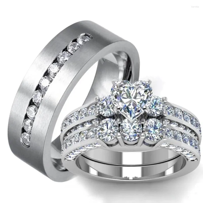 Anelli a grappolo Coppia di moda Donna Strass a cuore Anello con zirconi Set da uomo semplice CZ Gioielli da sposa in acciaio inossidabile per il regalo dell'amante