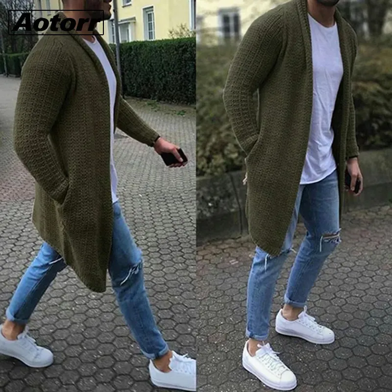 Men s tröjor Mens Sticked Cotton Cardigan Fashion Long Male Casual Solid Sleeve Slim Outwear Autumn Winter Warm Jacket 231027