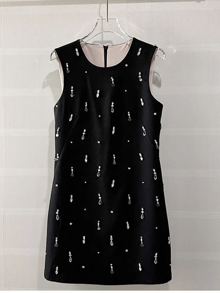 Casual Dresses HIGH STREET Est 2023 Fashion Stylish Designer Women's Round Collar Diamonds Beaded Sleeveless Tank Dress