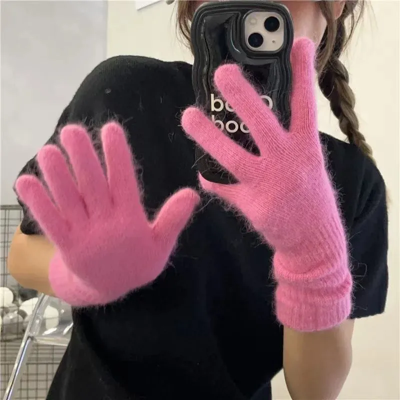 New Korean style all finger gloves elastic rabbit hair gloves women's winter soft gloves solid colored gloves Y2k warm gloves 231027