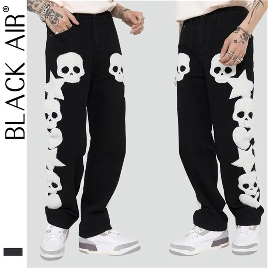 BLACKAIR Baggy-Jeans mit Totenkopfmuster und Skelett-Stickerei für Herren, Hip-Hop, High Street Cargo, Schwarz DY815 220228287z