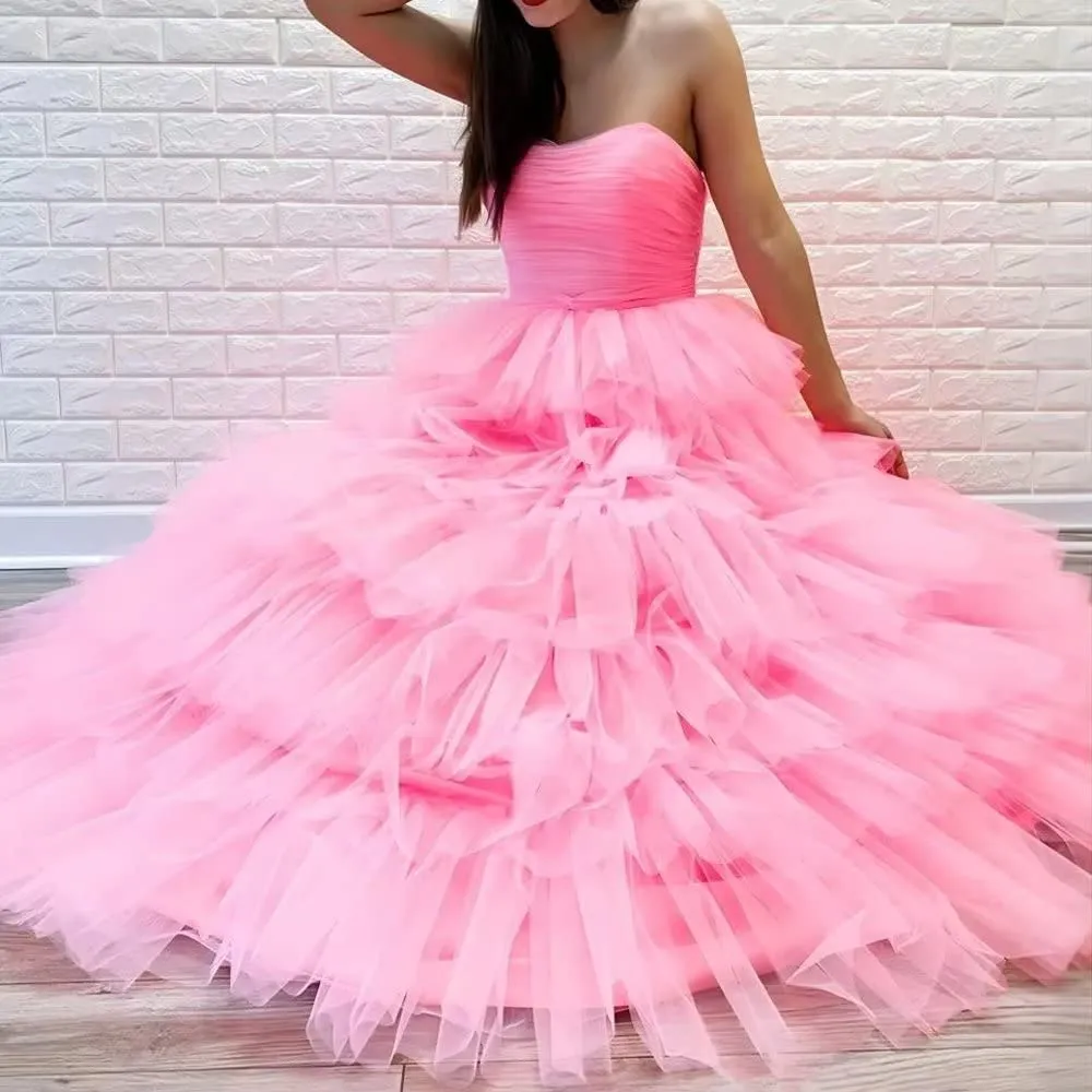 Tiered Tulle Prom Dresses Off Shoulder Long A-Line Layered Princess Ball Gown Strapless Formal Evening Party Gowns