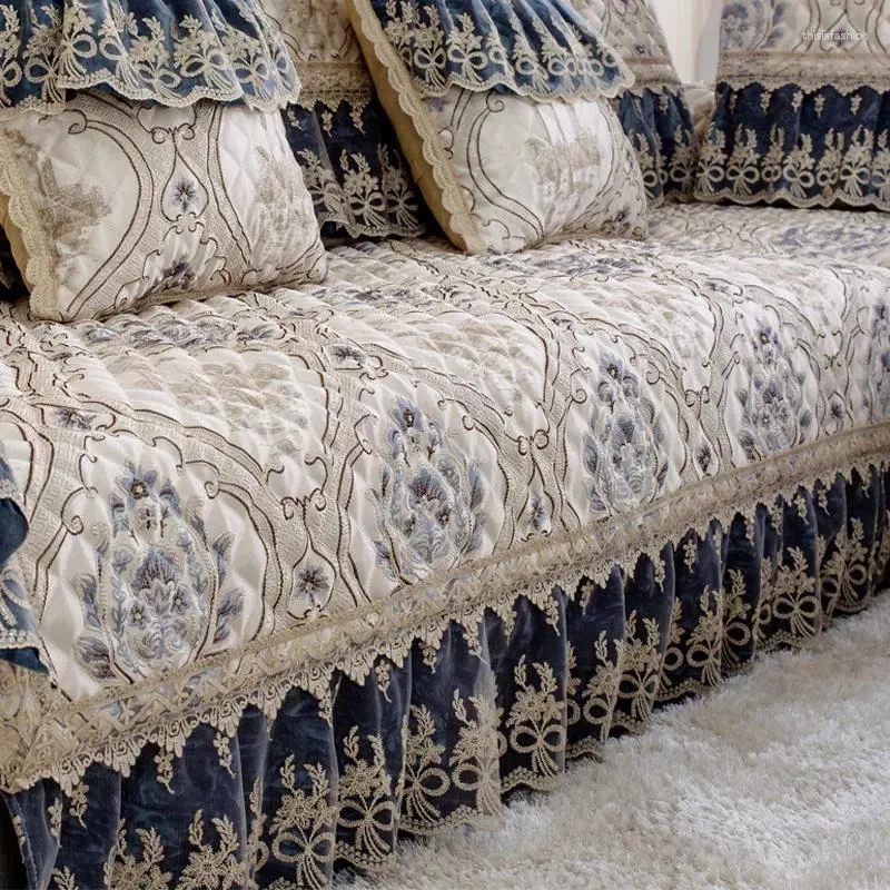 Housses de chaise, ensembles de canapé de luxe haut de gamme, housse en dentelle Jacquard bleue, en coton et lin, étui à serviettes