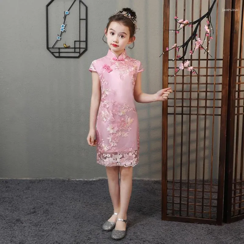 Ethnic Clothing Chinese Qipao Kids Summer Lace Cheongsam Dress Princess Girls Flower Embroidery Dresses Party Ball Gown Vestido Oriental