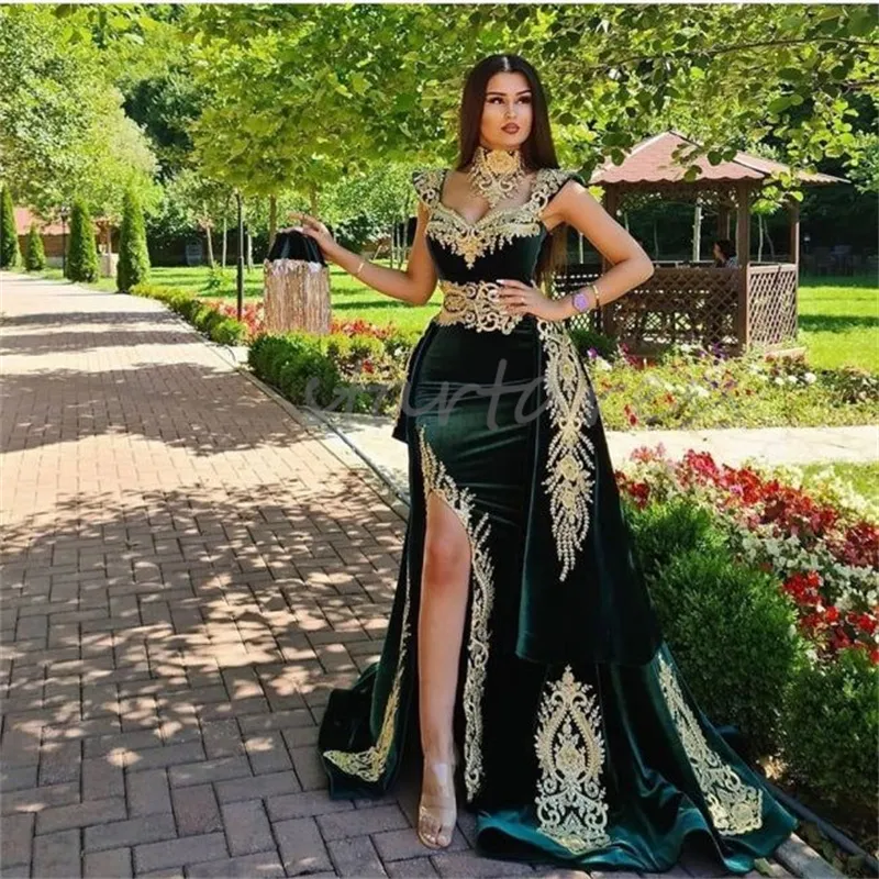 Kaftan Moroccan Green Mermaid Evening Dress With Detachable Train Gold Appliques Algerian Velvet Prom Dress Slit Marocain Mariage Formal Special Occasion Dress