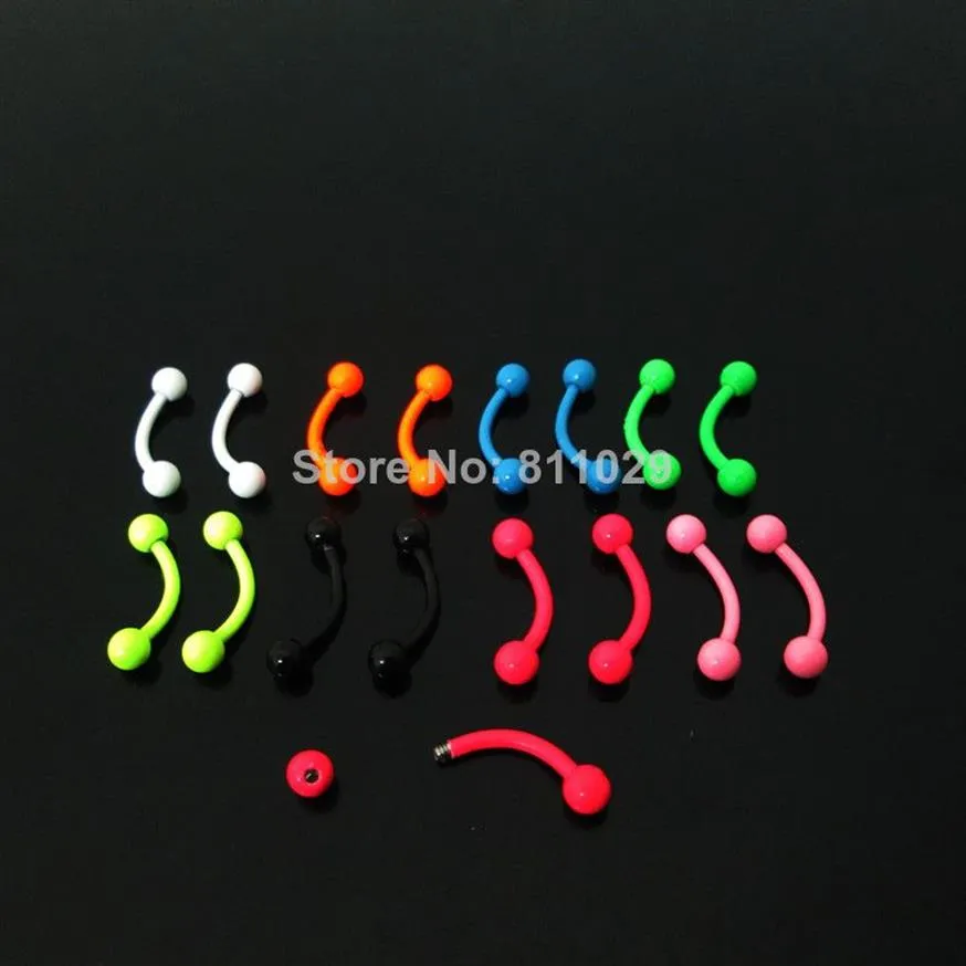 Whole-OP- mixed 8 neon colors 100pcs 1 2 8 3mm surgical Stainless Steel ball curved barbell piercing eyebrow ring300V