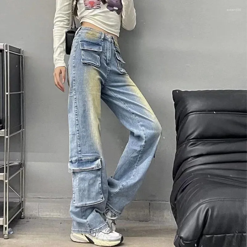 Jeans da donna HOUZHOU Bootcut Pantaloni a zampa d'elefante Pantaloni cargo in denim effetto consumato Hip Hop Vita bassa femminile Casual Streetwear giapponese