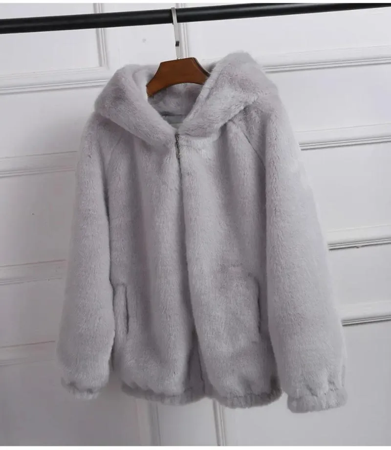 Manteau court à capuche en fourrure épaisse pour femme, manteau ample, fausse fille, gris, coupe-vent, grande taille 3xl, hiver