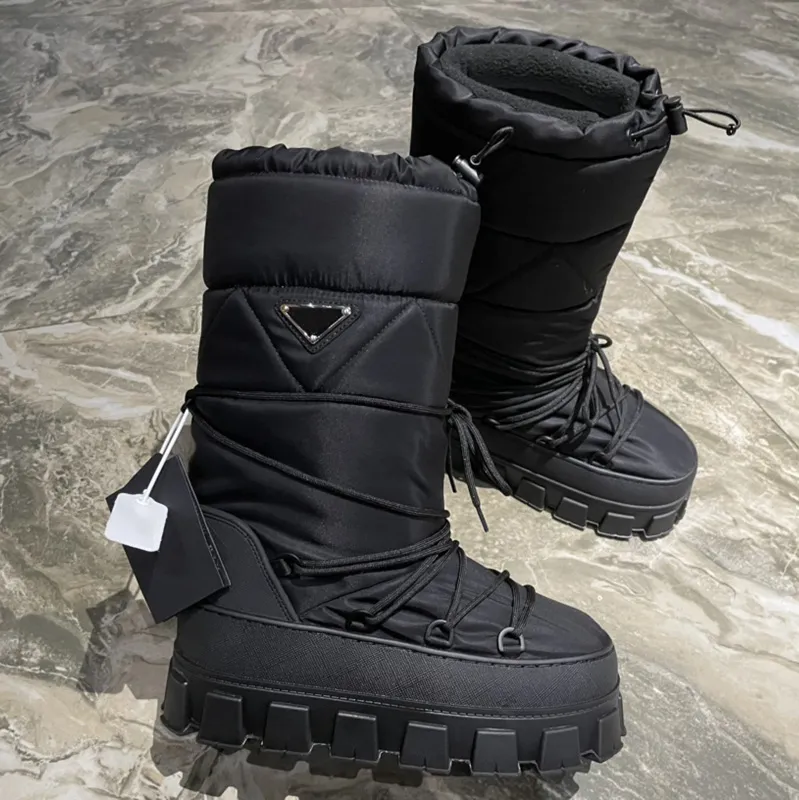 Damen-Designer-Stiefel, Winter, kniehoher Stiefel, Plateaustiefeletten, Martin-Schneestiefel, Cowboystiefel, schwarzes Nylon, Schnürung, dicker Boden