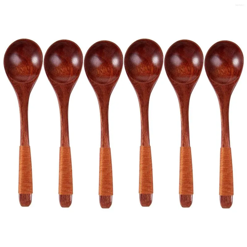Spoons 6pcs Home Rice Stirring Small Wooden Spoon For Soup Kitchen Utensils With Khaki Wrapped Thread Reusable Honey Comfortable Handle
