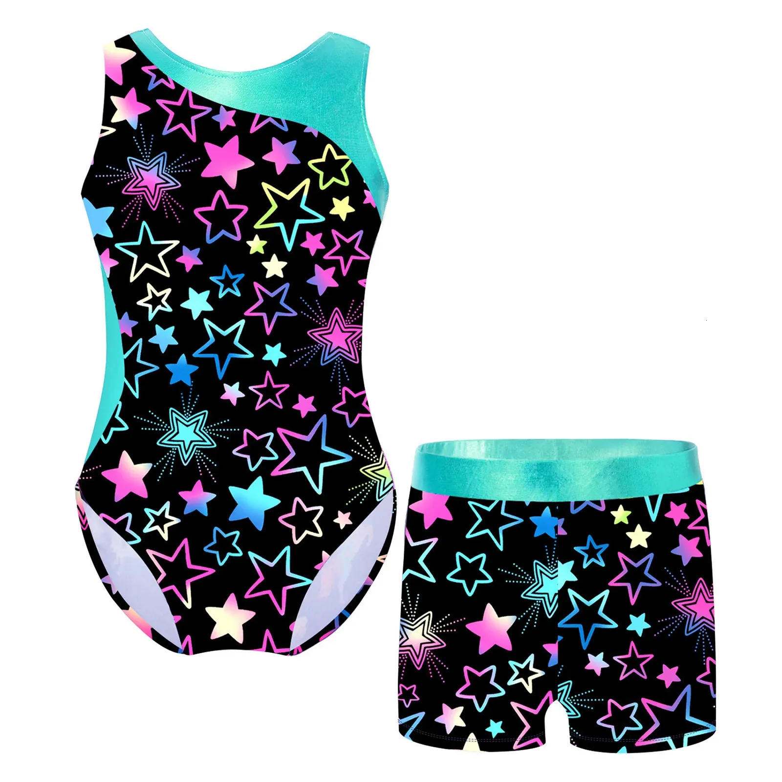 Gymnastic Rings Children Girls Printed Gymnastics Leotard Ballet Dance Outfit 2 Pieces Swimwear Swimsuit Jumpsuit with Shorts Skating Bodysuit 231027