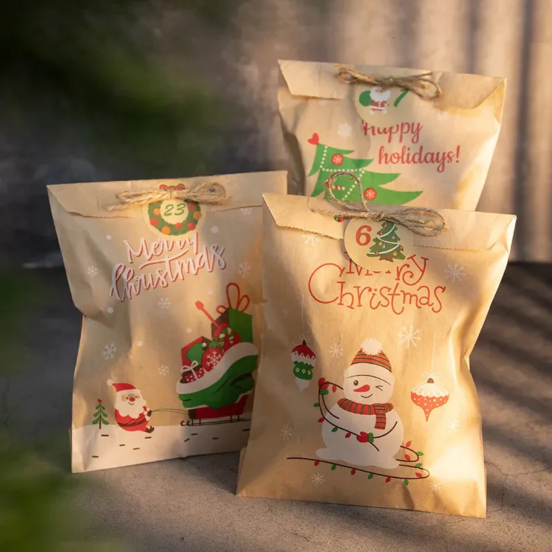 Gift Wrap 24sets Christmas Kraft Paper Bags Santa Claus Snowman Holiday Xmas Party Favor Bag Candy Cookie Pouch Wrapping Supplies 231027