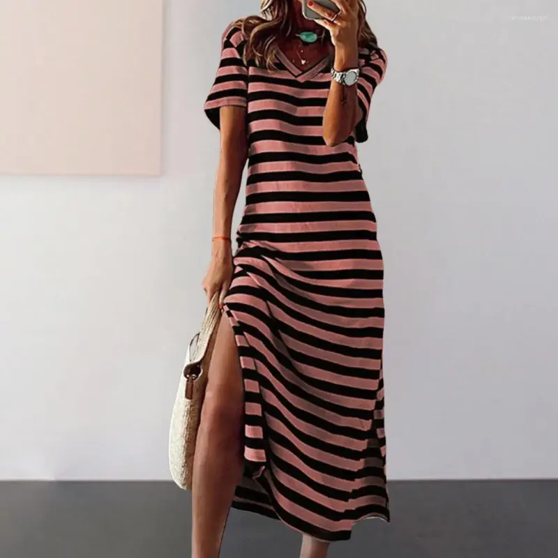 Casual Dresses Striped Dress Elegant Print Midi V Neck Short Sleeves Slim Fit Mid-calf Length For Office Or Party T-shirt