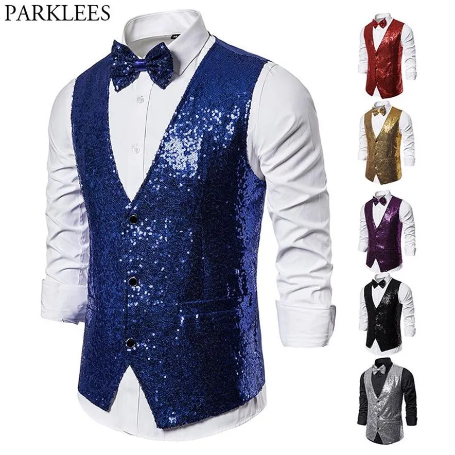 Vestido de lantejoulas azul real brilhante, colete masculino slim fit com gola em v, smoking com glitter, colete para festa de casamento, palco, baile, com gravata borboleta197a