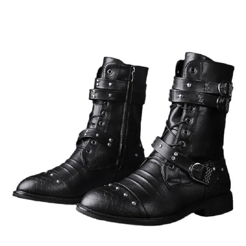 New Trend Rivet Black Pointed Motorcycle Boots Man Comfortable Leather High Boots Men Autumn Winter Shoes 10A3