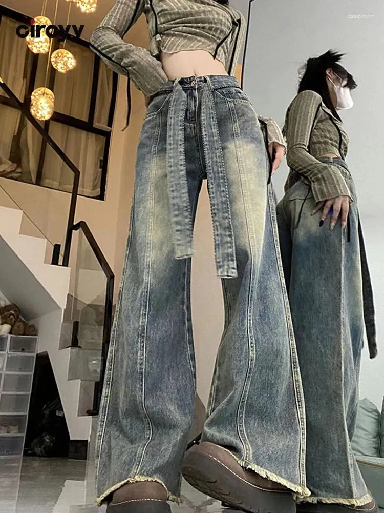 Kvinnors jeans kvinnor hög midja hösten full längd bred ben denim byxor vintage burr mode blått snörning upp tvättade byxor 2023