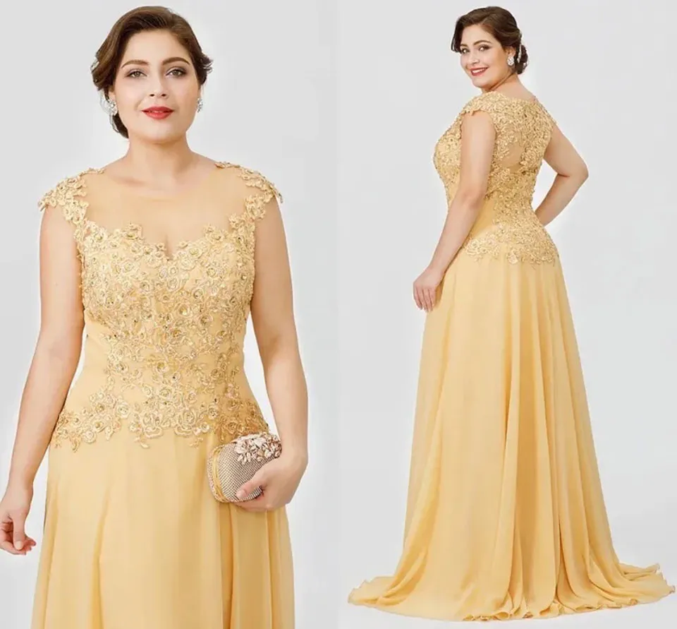 Mors klänningar guld plus size size mor of the brud klänning formell ny chiffong prom party klänning en linje o-hals långärmad applikation anpassad snörning blixtlås