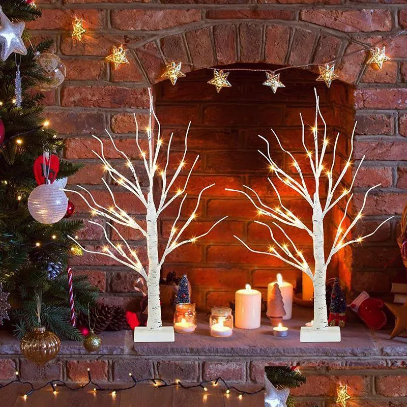 Juldekorationer upplyst björkträd för heminredning Vit inomhusbatteri drivs bordsskivor mini konstgjorda träd med ljus dro dhgbn