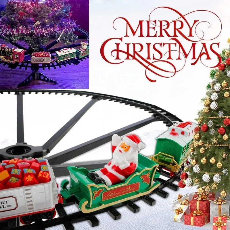 Juldekorationer Julgran dekoration Tågspår Rail Railway Car with Sound Light Rail Car Christmas Gifts Christmas Train Electrics Toys 231027