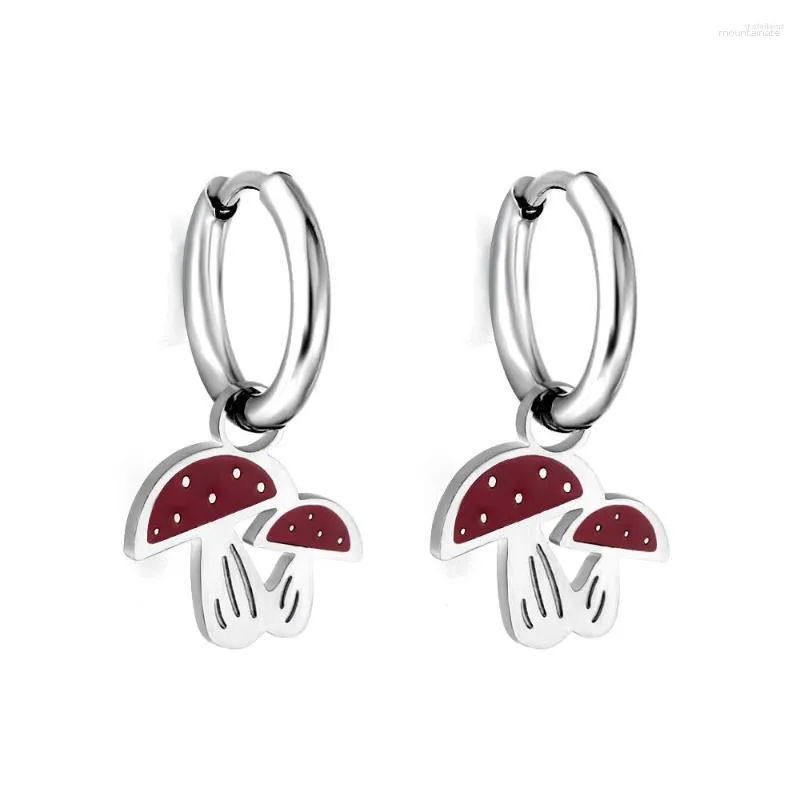 Boucles d'oreilles créoles en acier inoxydable pour femmes, couleur or, pendentif champignon rouge, bijoux de qualité, rond, cadeau de fête
