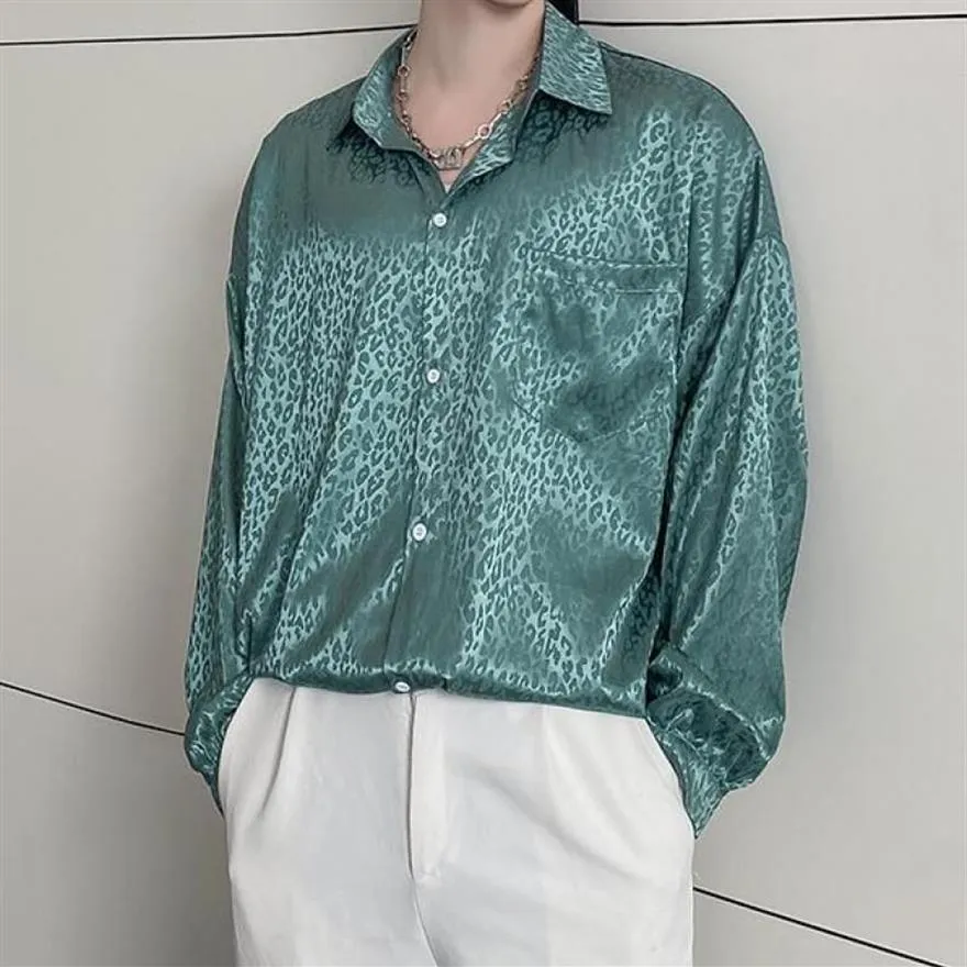 Leopar yeşil buz ipek erkek gömlek gevşek jakard yaz moda 2021 parti elbise saten büyük boy tasarımcı kıyafetleri erkekler casua200l