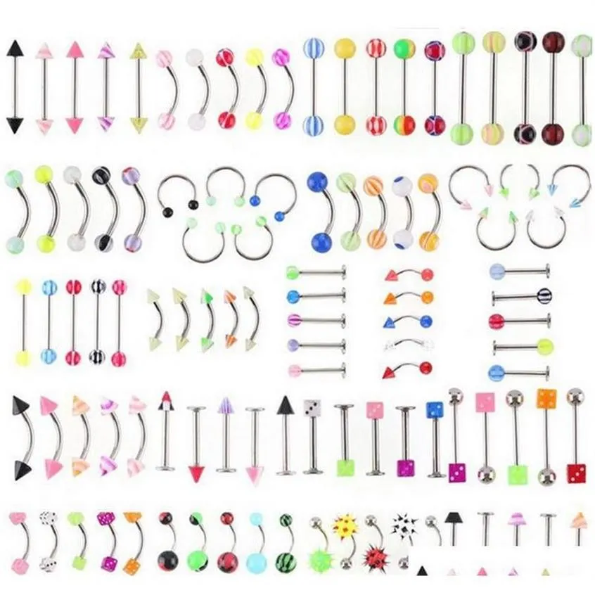 Nombril Anneaux Toute Promotion 110 pcs Modèles Mixtes Couleurs Corps Bijoux Ensemble Résine Sourcils Nombril Ventre Lèvres Langue Nez Piercing Bar320i