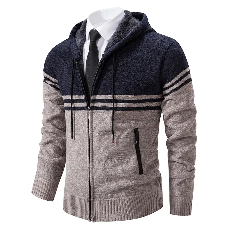 Pull à capuche pour hommes, pull décontracté à rayures, manteau Cardigan en Patchwork, tricot épais et chaud, Slim, automne hiver 2023