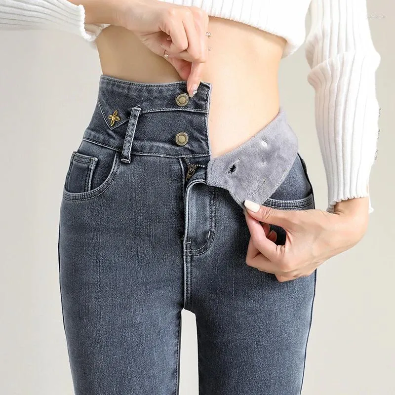 Kadın Kotları Kadın Kadife Kalın Y2K Giysileri İnce Denim Kalem Pantolon Kış Sıcak Fleeces Pantolonlar Sıska Streç Jean Pantalones 3217