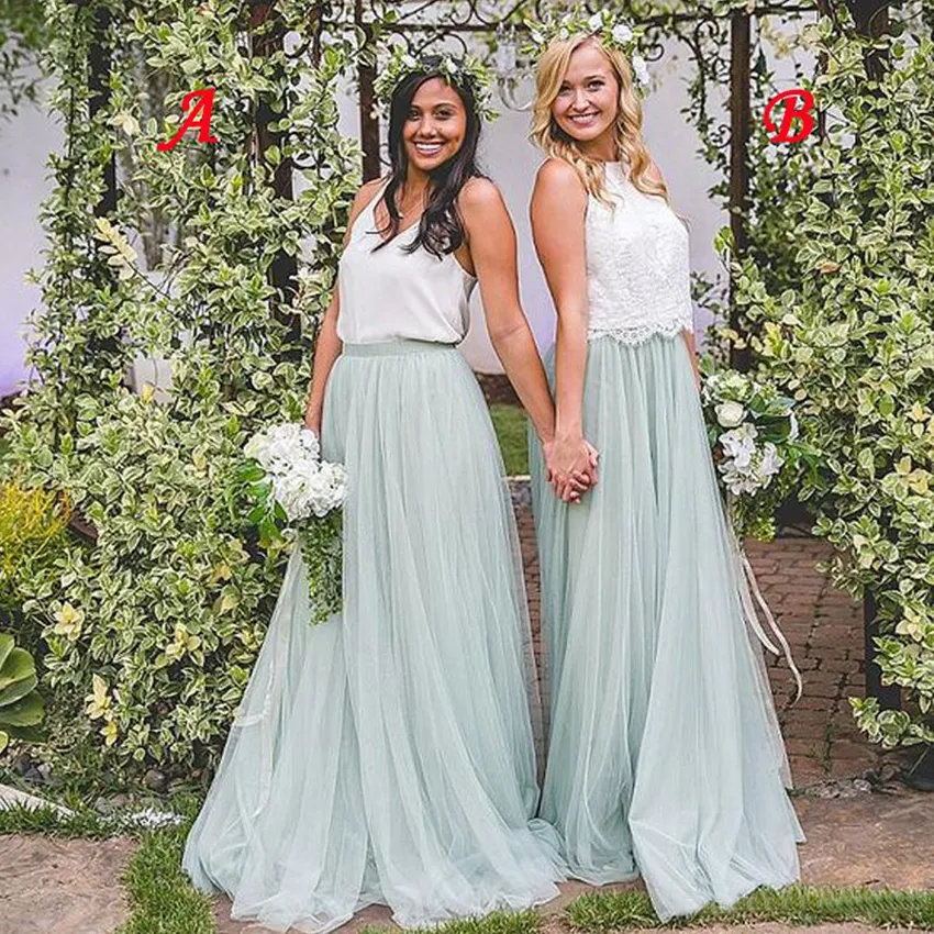 2023 Bohemian Country Bridesmaid klänningar billiga vit topp mynta salviga tyll kjol två stycken piga av hedersklänningar klänningar för bröllopsgäst