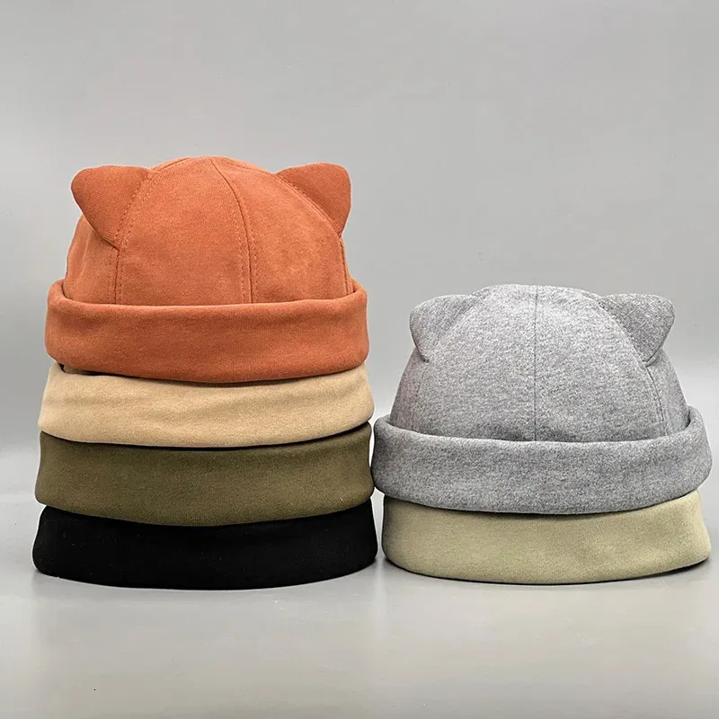 Berets Vintage Dome Hat Mens Women Brimless Skull Caps Cat Ear Cotton Beanies for Men Docker Sailor Crimping Hat Casual Hip Hop Cap 231027