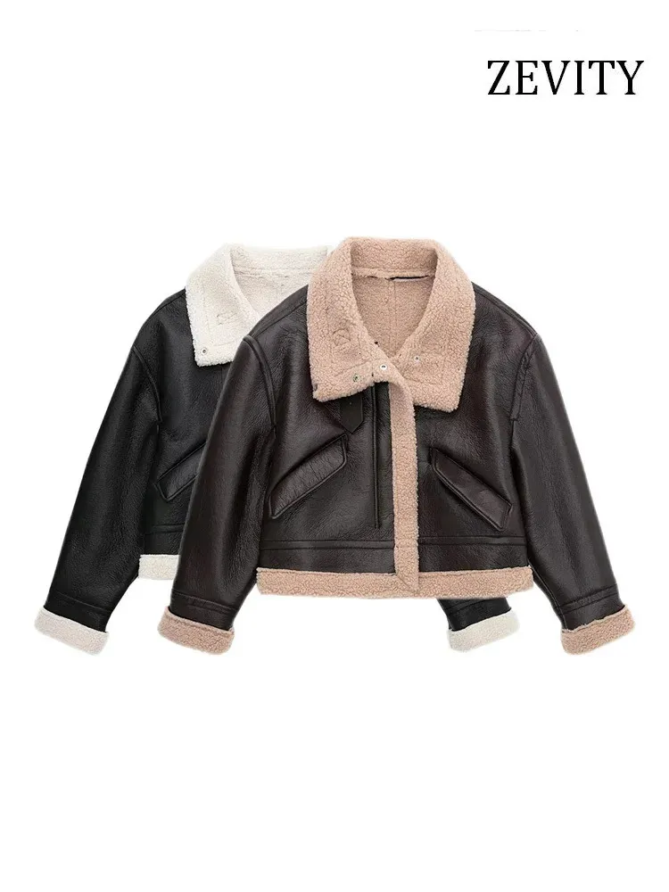 Women's Leather Faux Leather ZEVITY Women Fashion Thick Warm Faux Leather Shearling Jacket Coat Vintage Long Sleeve Flap Pockets Female Outerwear Chic Tops 231026