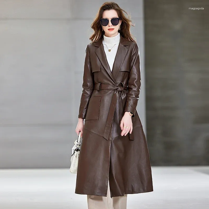 Women's Leather 2023 Genuine Jacket For Women High-end Long Sheepskin Coat Korean Belt Trench Coats Jackets Chaque