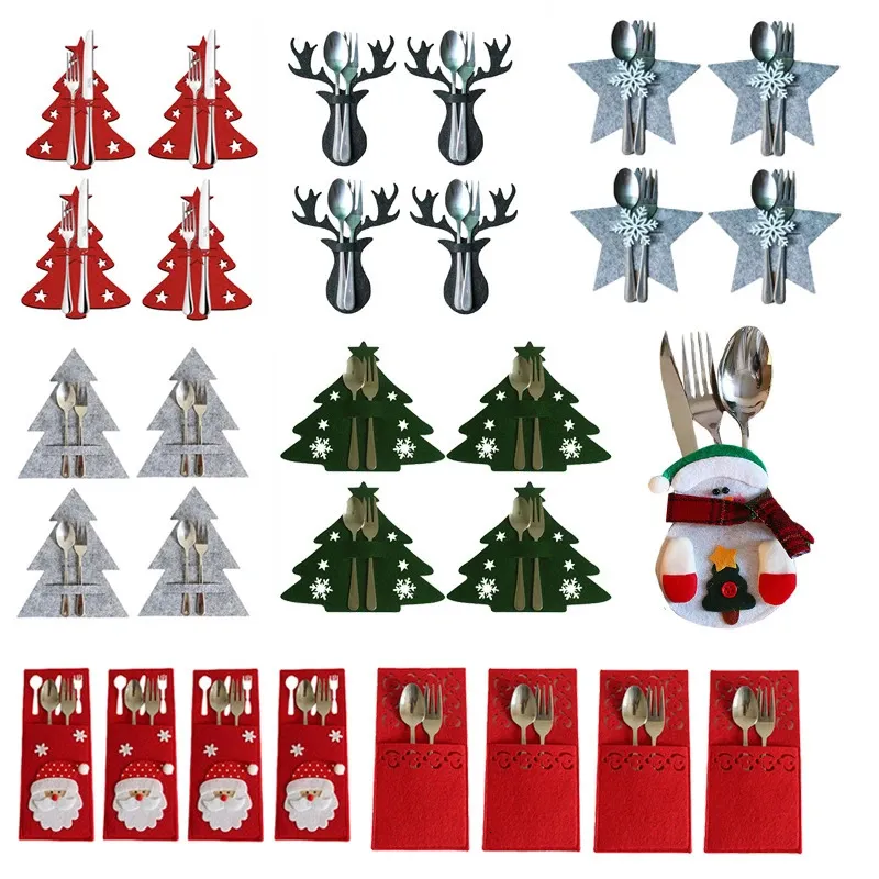 Juldekorationer 4st Elk Shaped Knife Fork Cutlery Bag Kitchen Tabell Proveholer 2024 Year Xmas Party Dinner Table Decoration 231027