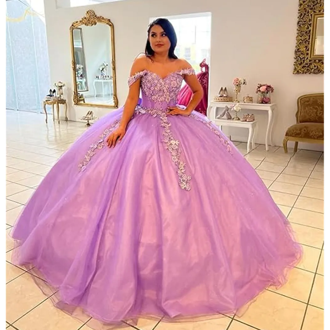 Lavendel uit de schouder baljurk Quinceanera jurk kralen verjaardag gewaden de Mariee applicaties afstuderen toga Lace Up terug Vestid