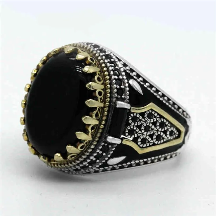 Natural Black Agate Stone for Men 925 Sterling Silver Golden Crown King Male Ring Vintage Turkish Handmade Jewelry Gift240o