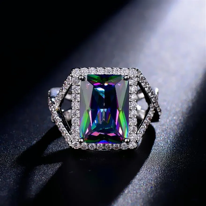 Kleurrijke diamanten ringen maat 6-9 Luxe sieradenontwerper blauw groen geel AAA Zirkonia koper goud zilver vierkant CZ Ring Eng261K