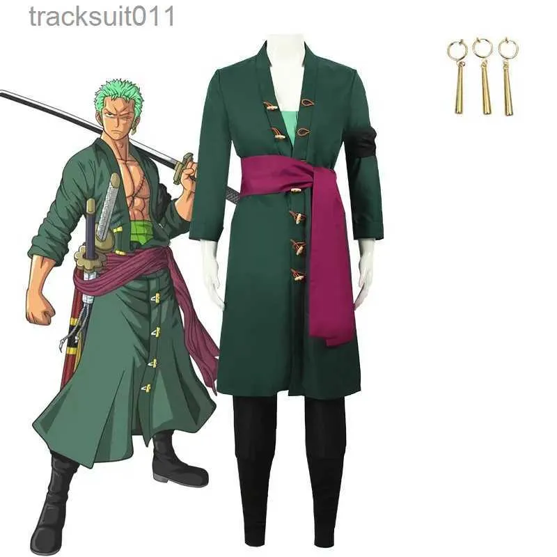 Trajes de anime Anime Cosplay Venha Roronoa Zoro Peruca Conjunto Completo com Cinto Acessórios Brincos Verde ShortHair Halloween Roleplay Outfits L231027