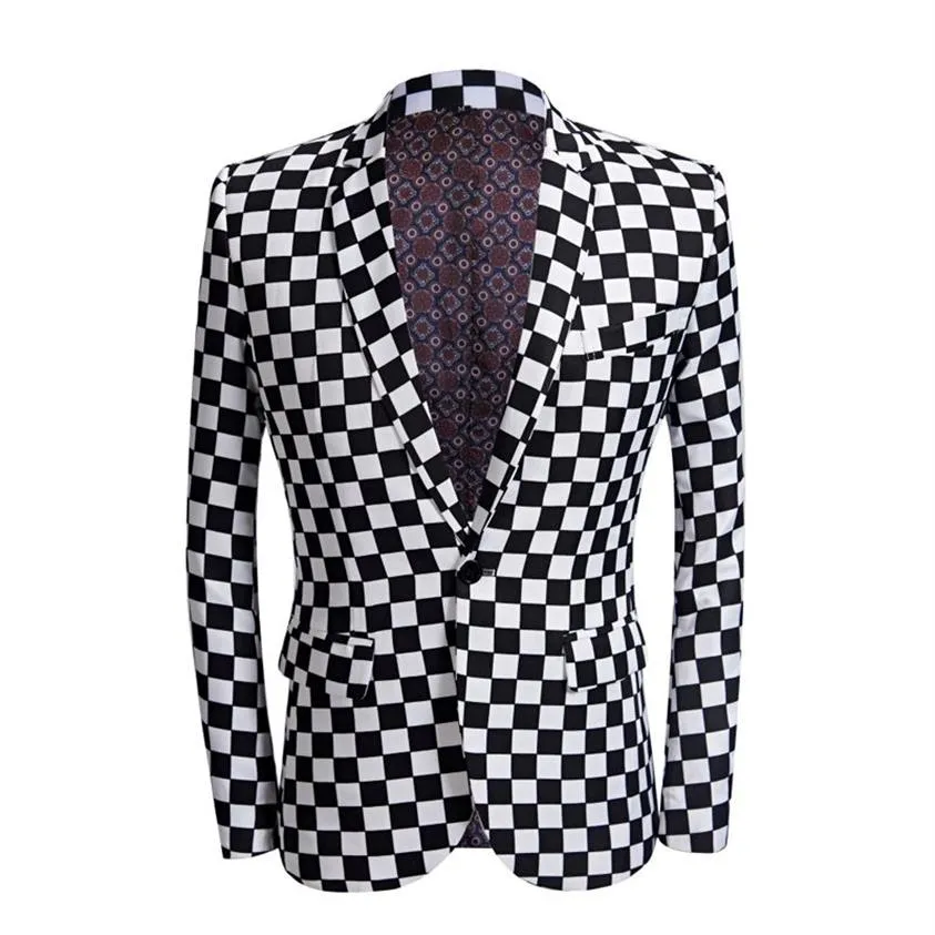 Men Suit Black White Plaid Print 2 Pieces Wedding Groom Fashion Checkerboard Jacket Stage Singer Host Dancer Slim Fit Costume Part2728