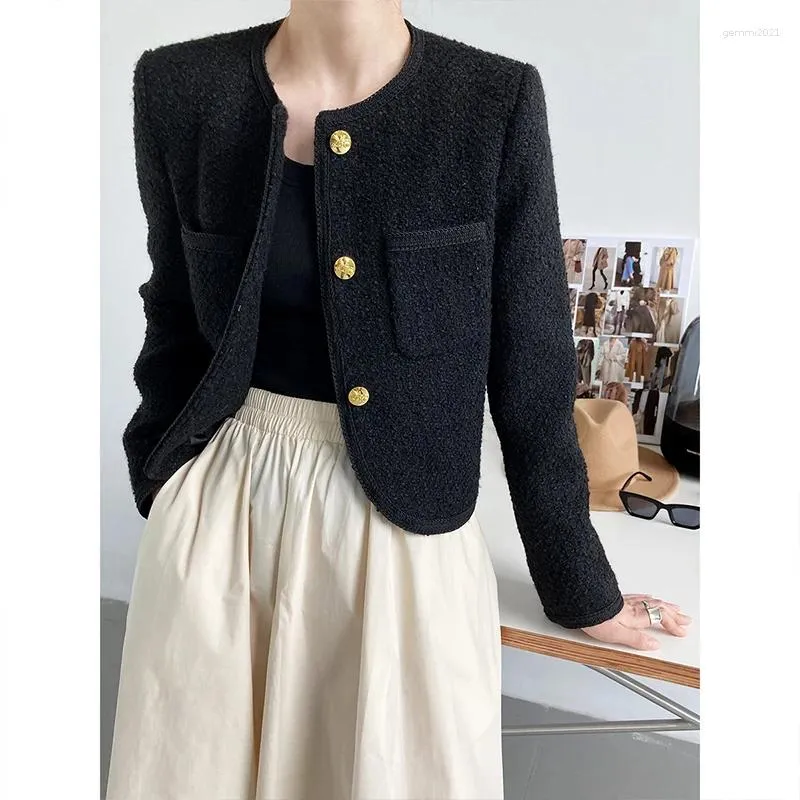 Women's Jackets Luxury Black Tweed Jacket Womens Designer O-Neck Cropped Coat Fashiom Wool Single Breasted Top Ladies Woolen