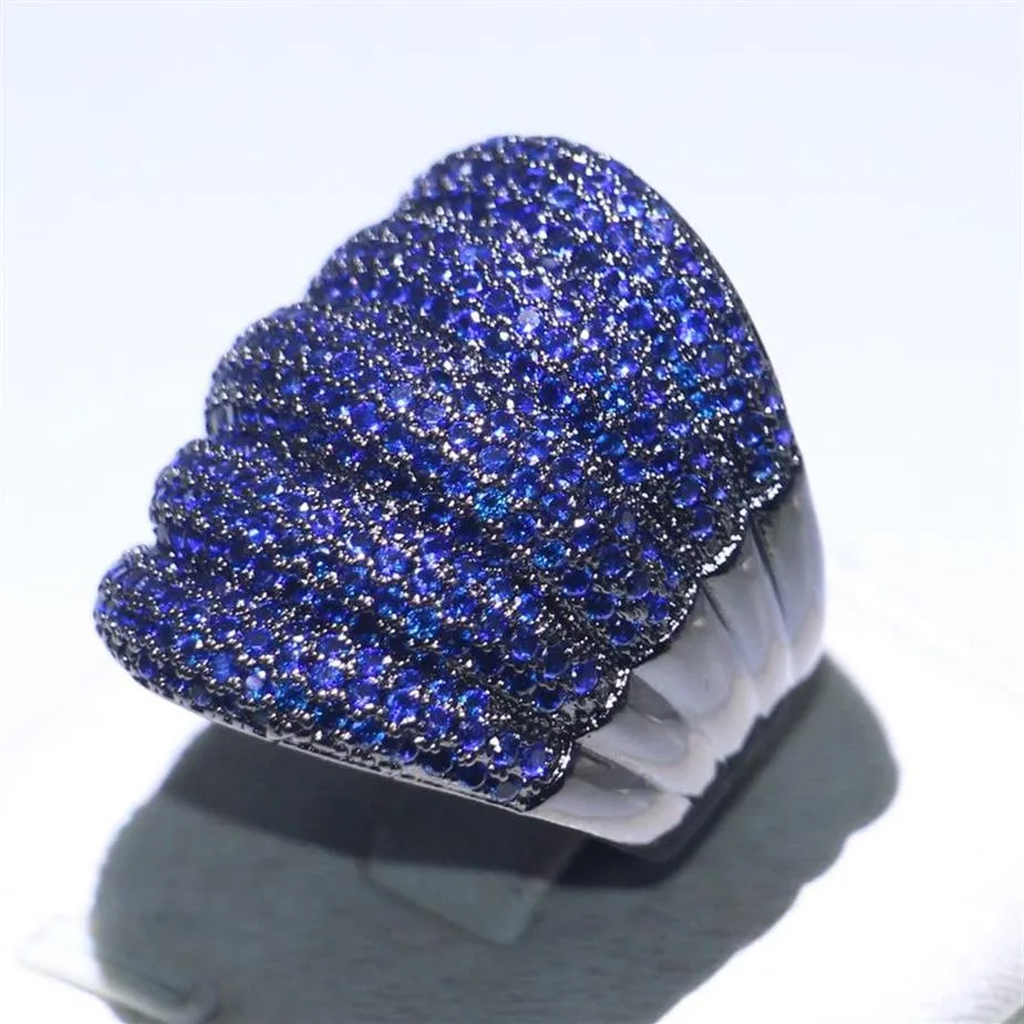 Bague de luxe en or noir 10kt, taille 5-11, bijoux de luxe, pavé de pierres précieuses saphir bleu, bracelet de mariage éternité, R243g
