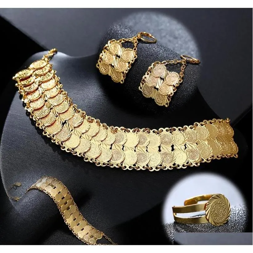 Exquisite Fashion Middle East Arab Bride Muslim Coin Necklace Earring Ring Bracelet Set Gold Color Wedding Jewelry Accessories Cqd227q