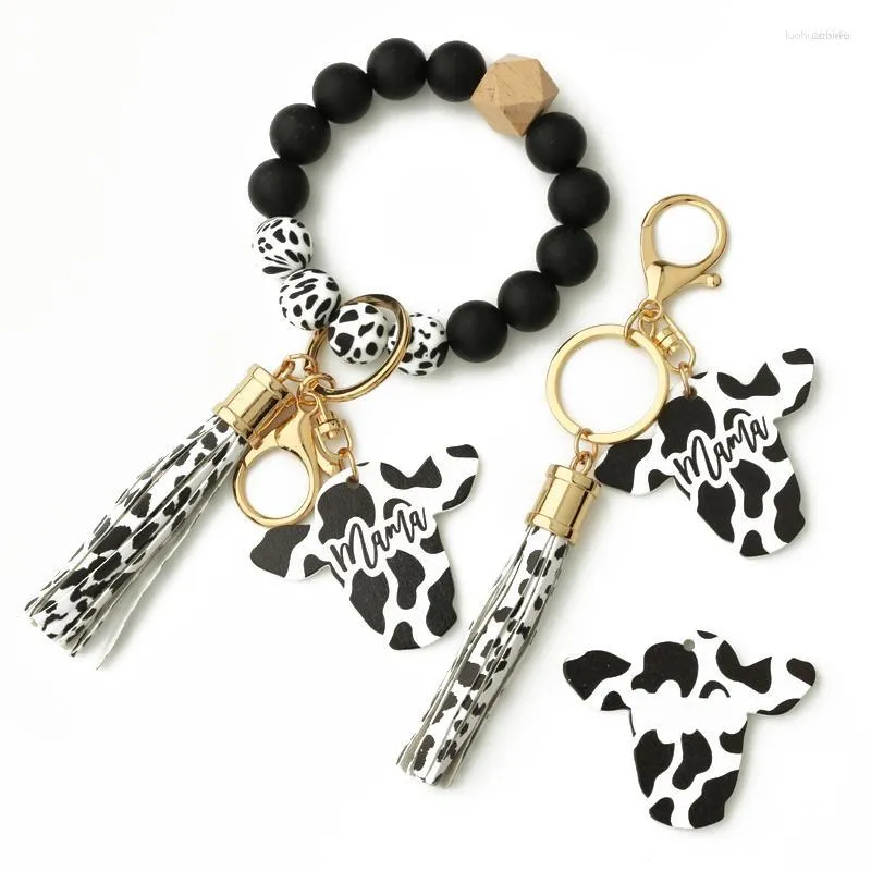 Bangle Cow Custom Silicone Pärlor Läder Tassel Söt trä Bull Wood Bead Armband Mama Wristlet Keychain